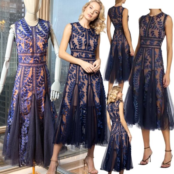 🆕 BRONX & BANCO 🧿 NWOT Saba Embroidered Mesh Midi Dress, Navy - Sz XS - US 2 - Picture 1 of 14